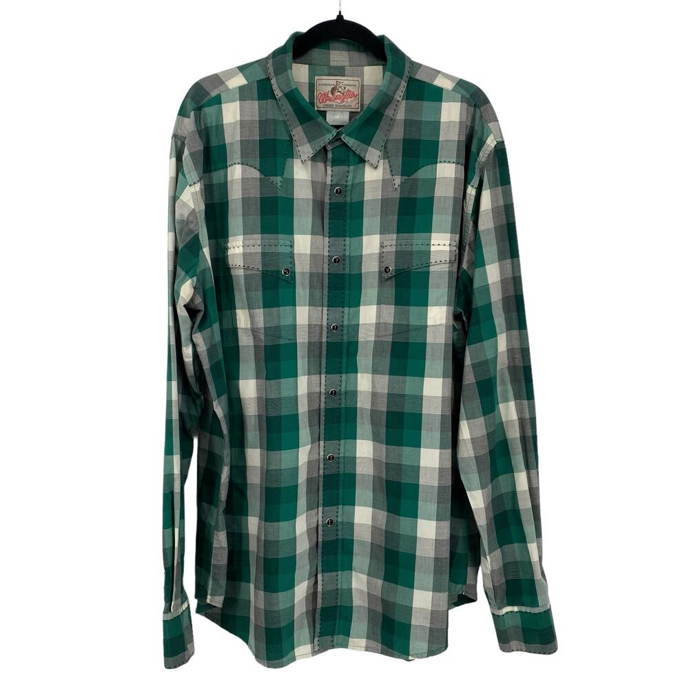 Vtg Y2K 90s? Wrangler Western‎ Shirt 2XL? Black Pearl Snap Green Cowboy Rodeo